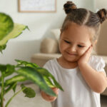 Little girl playing with houseplant at home
