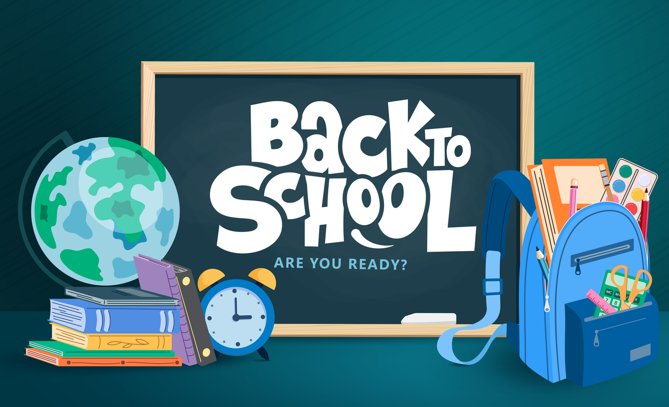 Back to school educational greeting clipart template. School chalkboard clip art elements with learning supplies, items, materials and tools for education banner vector illustration image - preparing for kindergarten through play